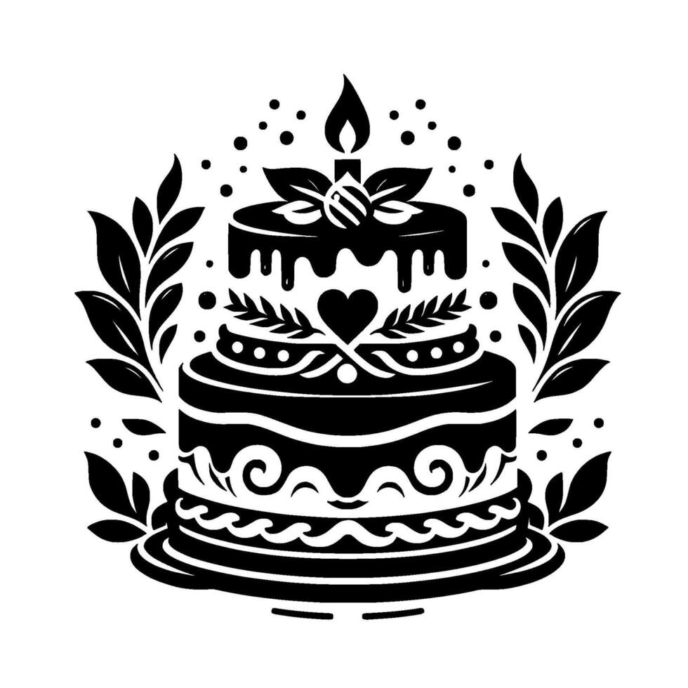 Intricate Black and White TwoTiered Birthday Cake with Candle, Leaves, and Decorative Embellishments, Set on White. vector