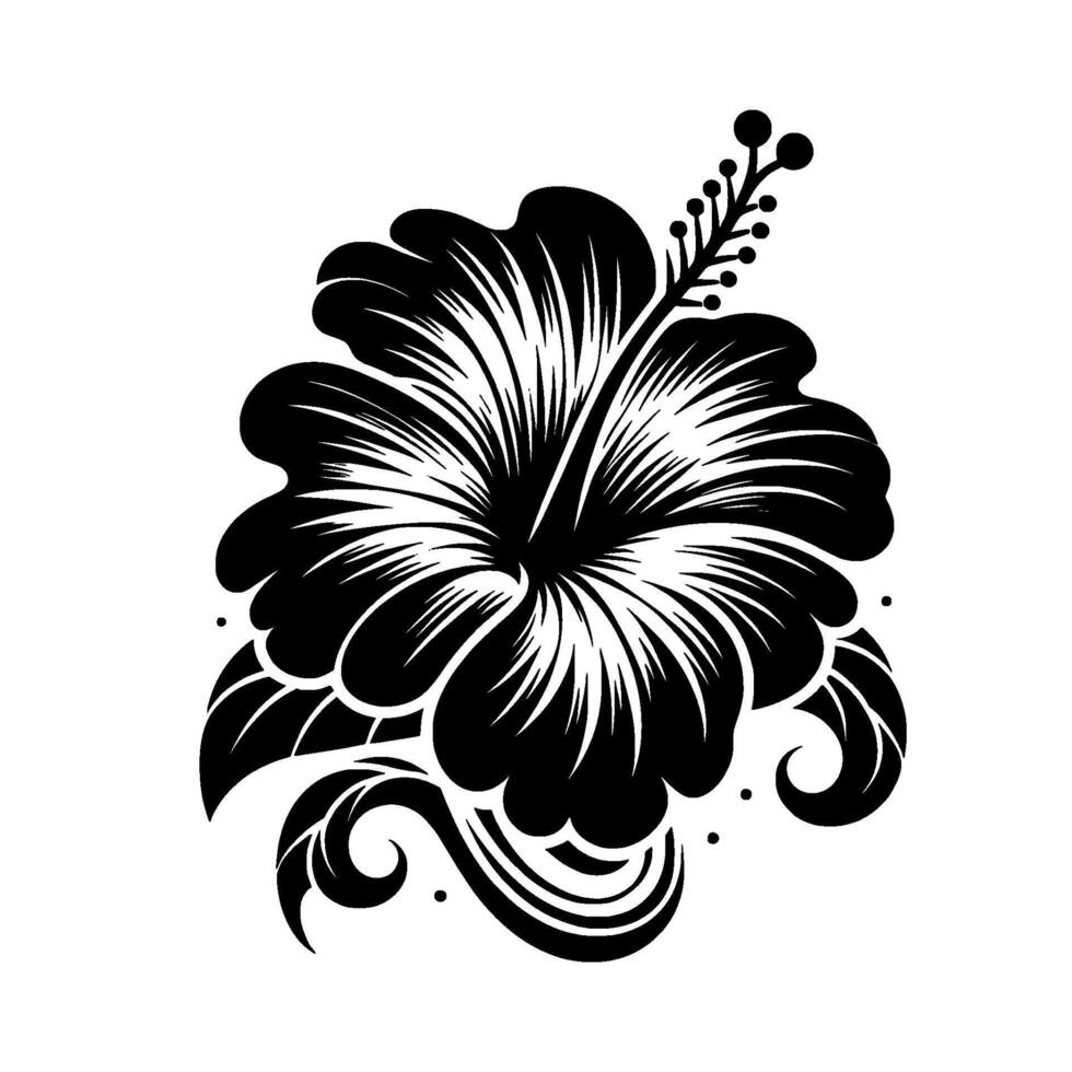 A striking black and white illustration of a hibiscus flower, showcasing intricate petal detailing, leaves, and a stylized stem on a clean white backdrop. vector