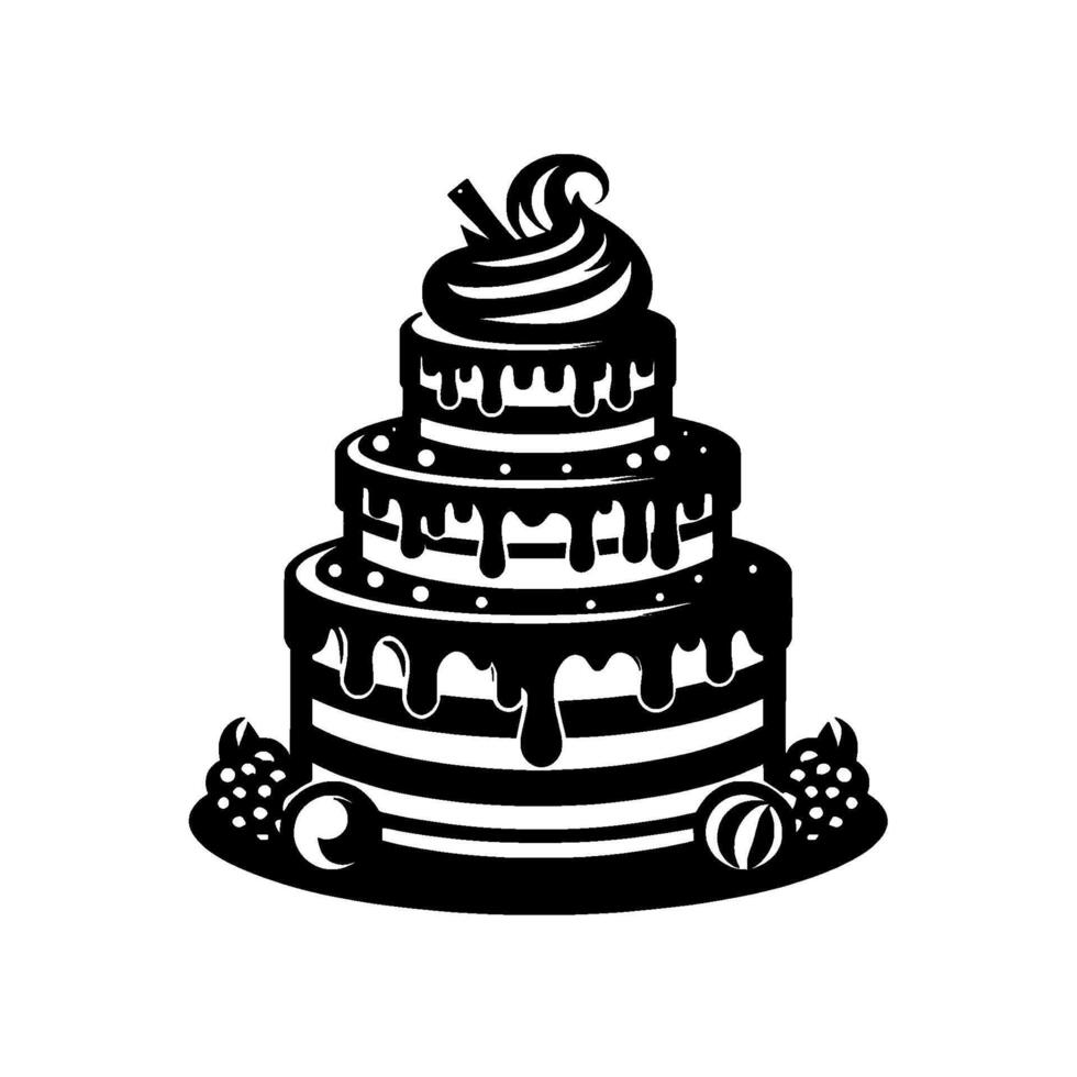 A layered, monochromatic cake illustration with dripping chocolate and decorative elements, on a white backdrop. vector
