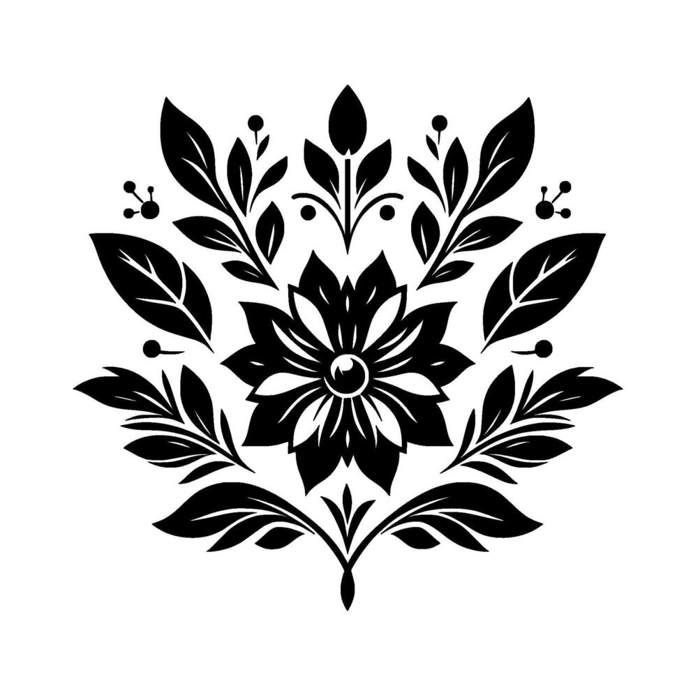 Symmetrical Black and White Floral Pattern with Leaves, Berries, and a Central EyeLike Detail on a Clean White Backdrop. vector