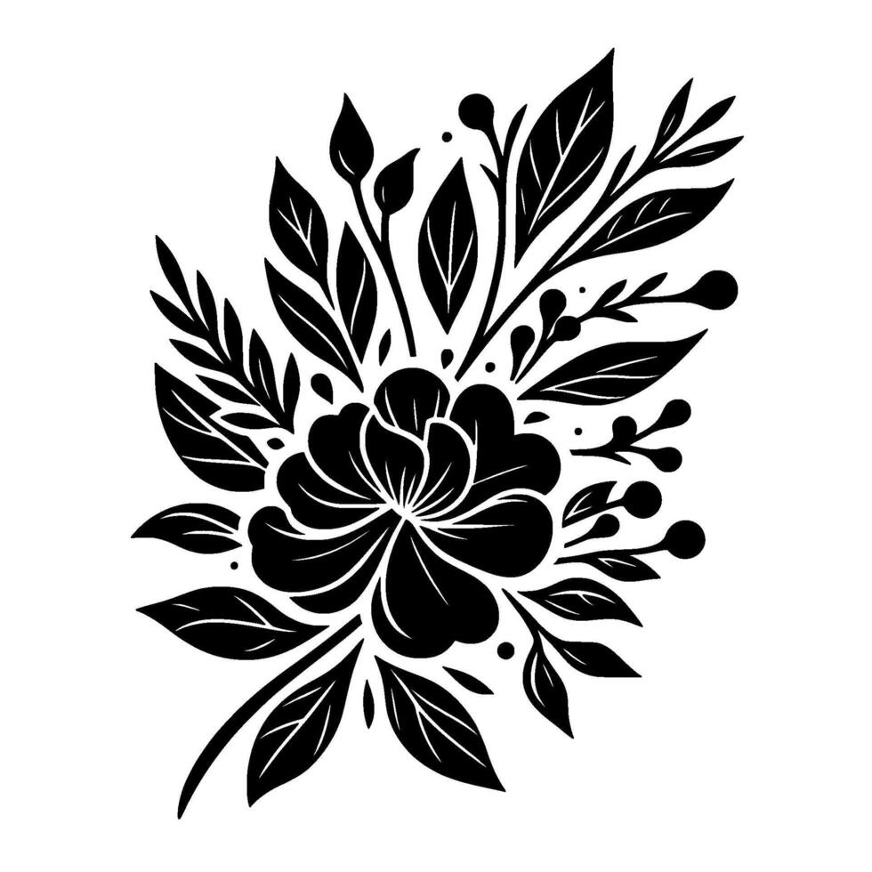 Intricate Floral Silhouette A Black and White Arrangement of a Central Bloom, Leaves, and Berries. vector