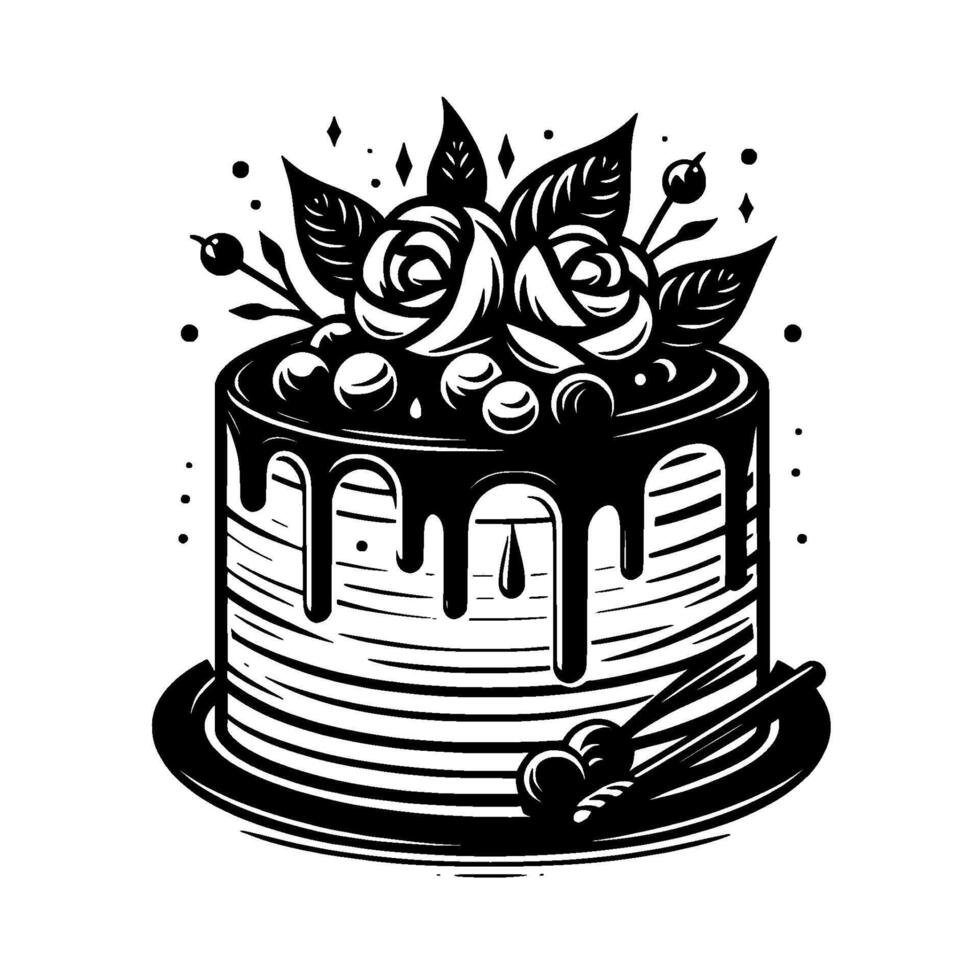 Elegant Black White Layer Cake Illustration with Chocolate Drip, Floral Roses, and Berries on a Plate. vector