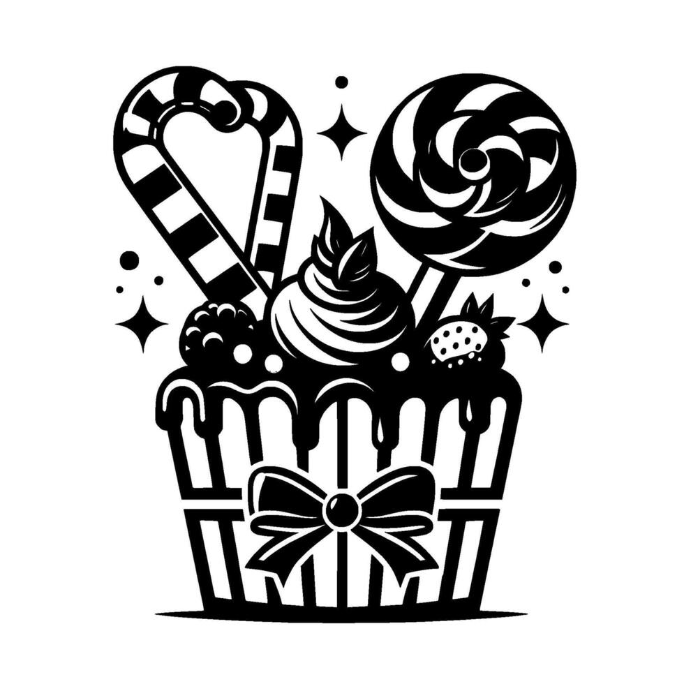 Whimsical Black White Cupcake Illustration with Candy Cane, Lollipop, and Berries, Decorated with Chocolate Drizzle and a Bow. vector