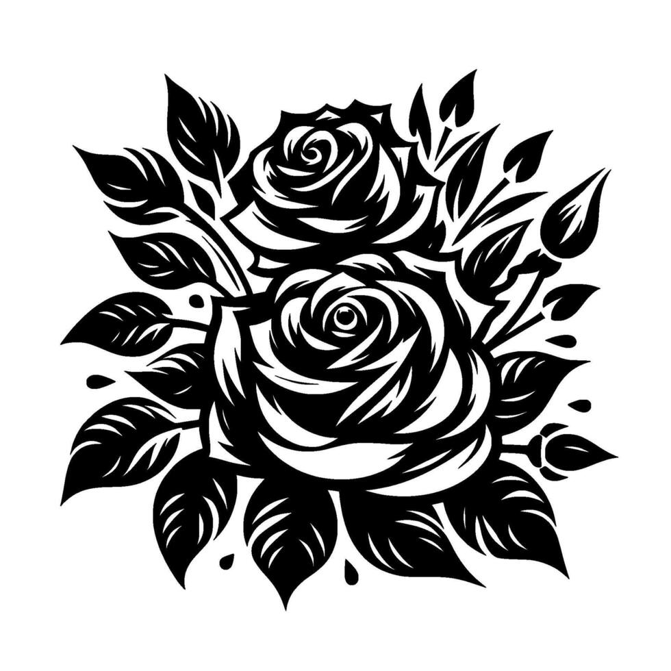 Intricate Black and White Illustration of Two Roses Surrounded by Detailed Foliage, Symbol of Love and Beauty. vector