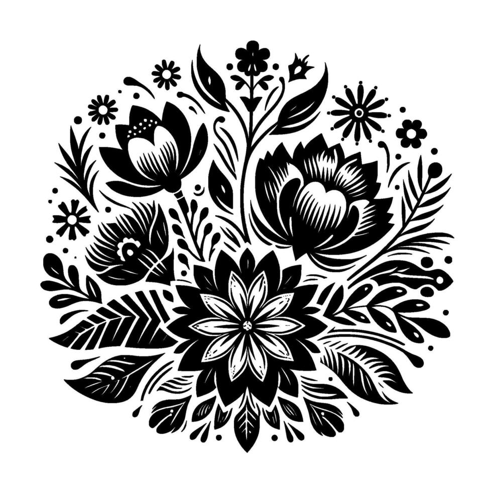 Intricate Floral Mandala in Bold Black and White, a Symmetrical of Flowers, Leaves, and Decorative Elements. vector