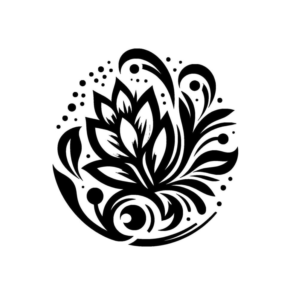 Ornate Black and White Floral Symmetrical Composition of Petals, Leaves, and Swirls, Centered on a White Background vector