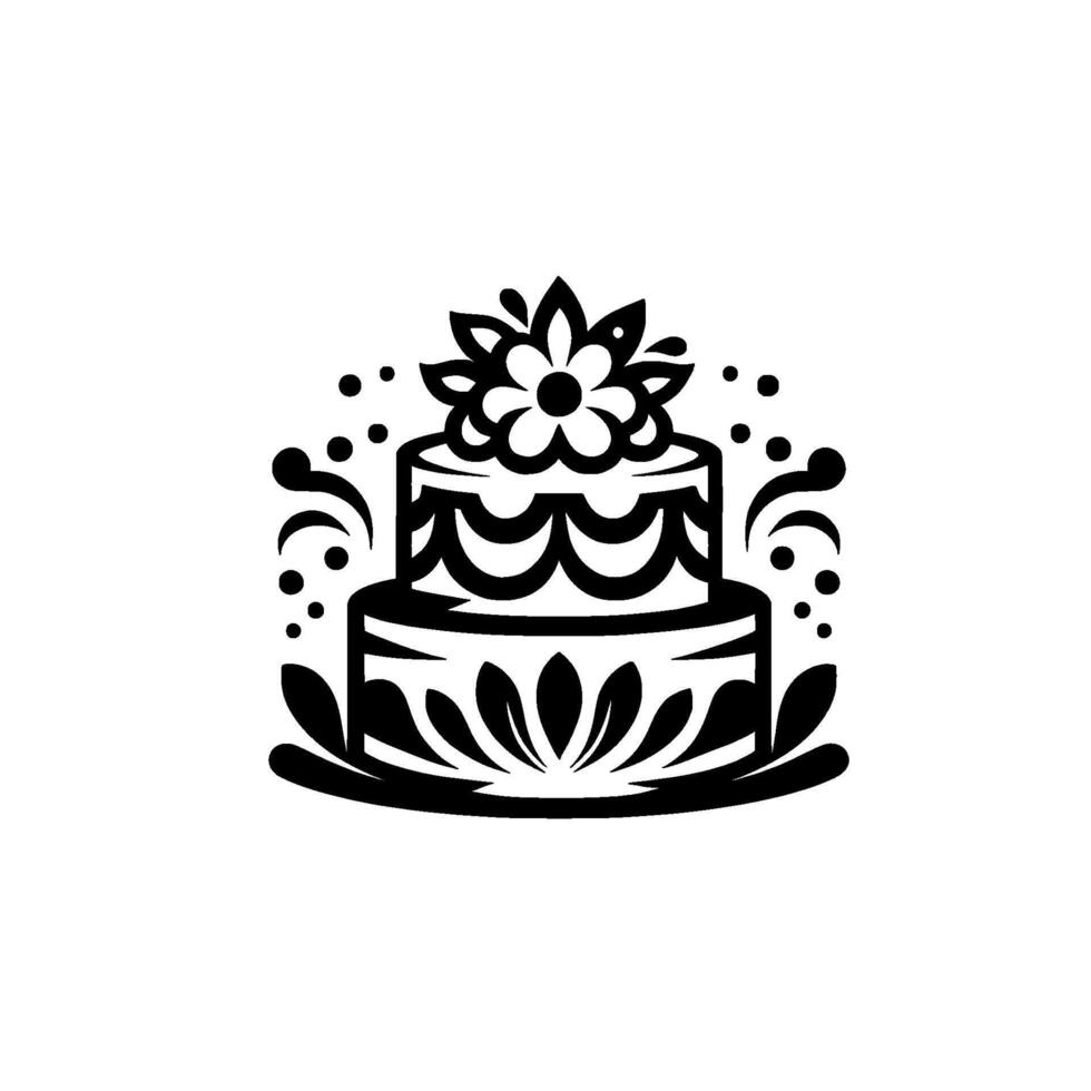 Elegant TwoTiered Floral Cake with Intricate Black and White and Flourishes on a White Background. vector