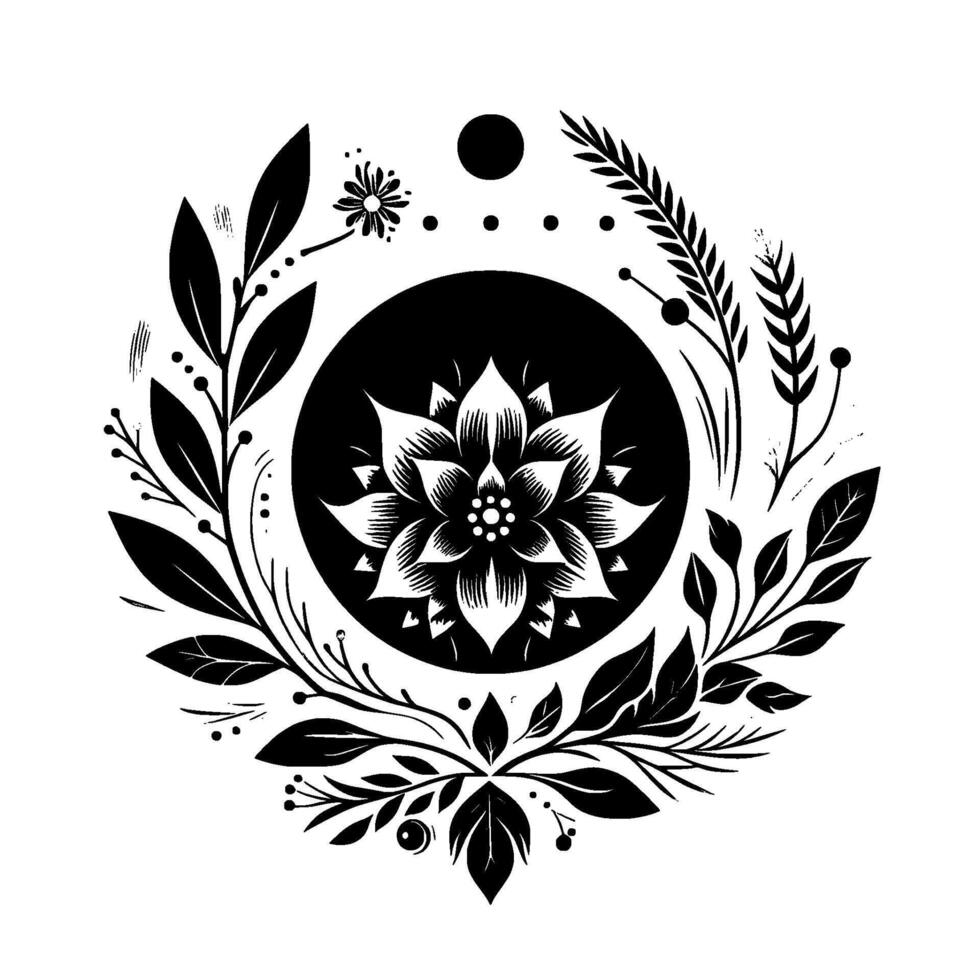 Elegant monochrome floral mandala , featuring stylized flower encircled by foliage and geometric elements. vector