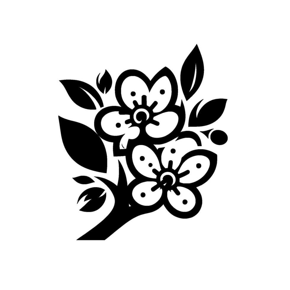 Bold Black and White Minimalist Floral Illustration Cherry Blossoms, Leaves, and Branch on a stark white background for a clean, modern . vector