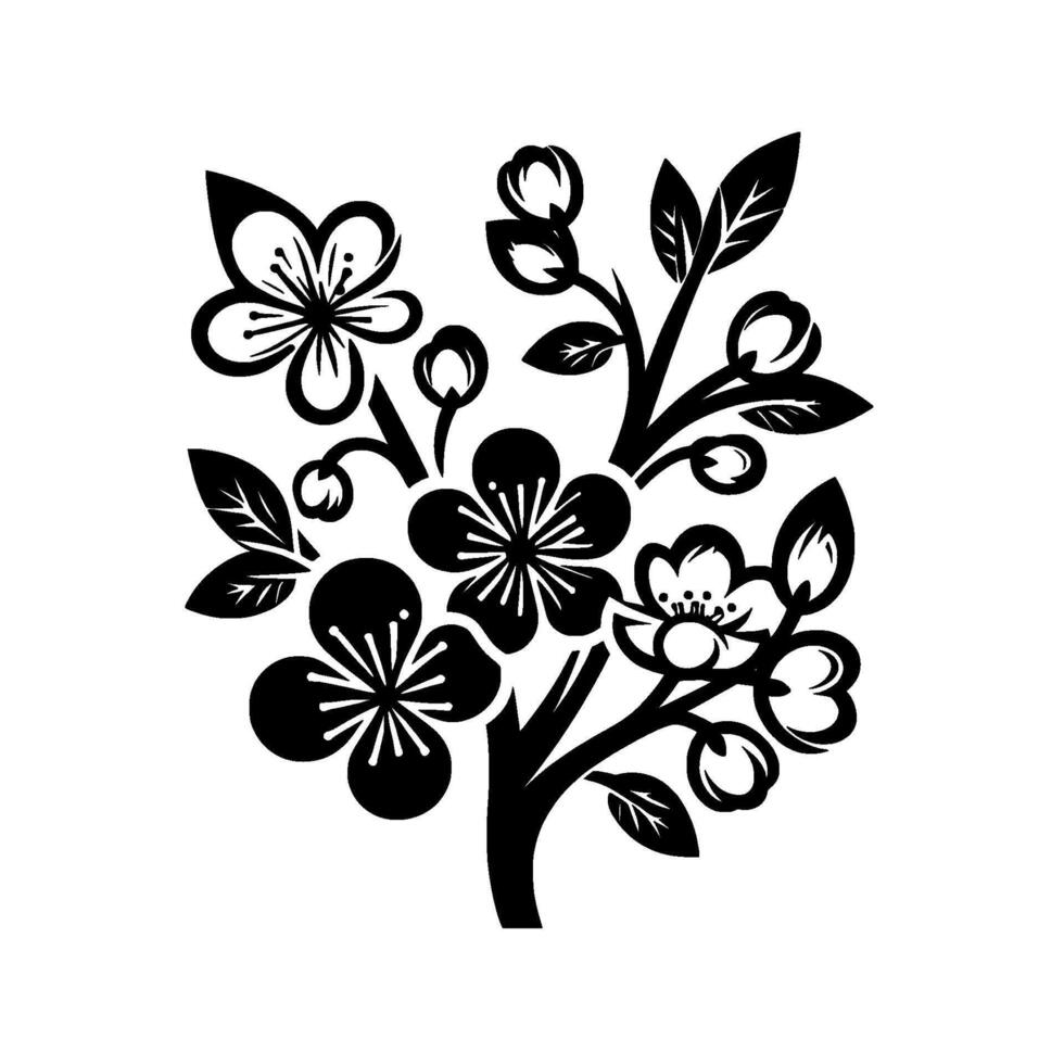 Black and White Cherry Blossom Branch Illustration A minimalist depiction of a blooming cherry blossom branch with flowers, buds, and leaves. vector