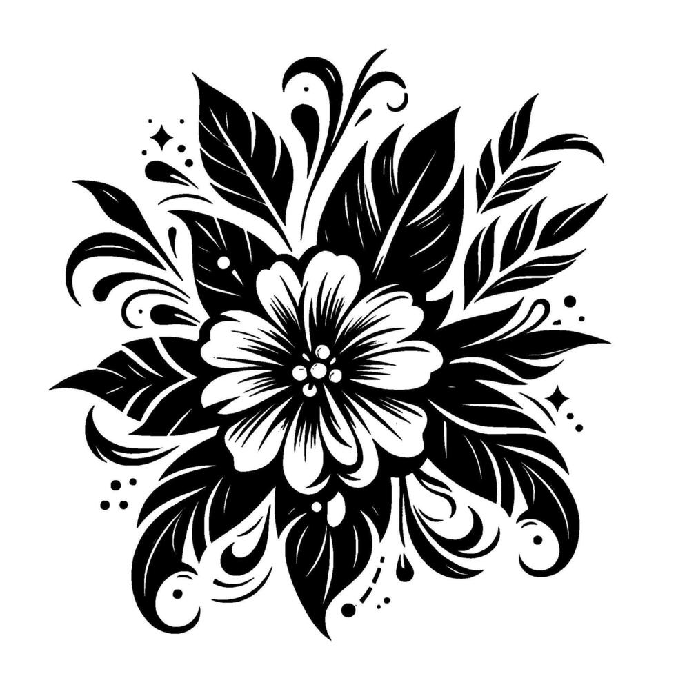 Intricate Black and White Floral Mandala with Detailed Petals, Leaves, and Elegant Swirls on a Clean White Background. vector