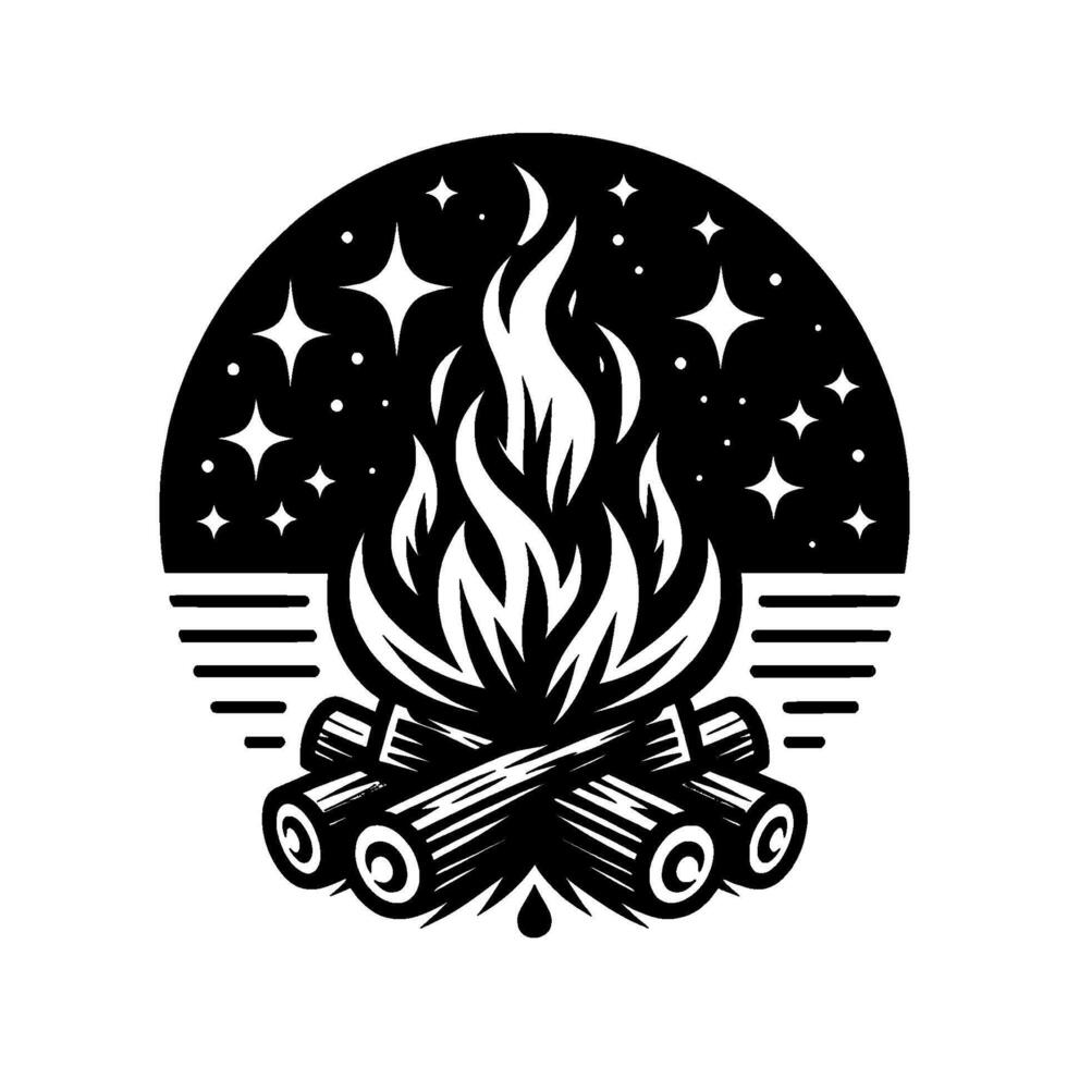 Nighttime campfire stylized black and white illustration of logs burning, under a starry sky within a circle. vector