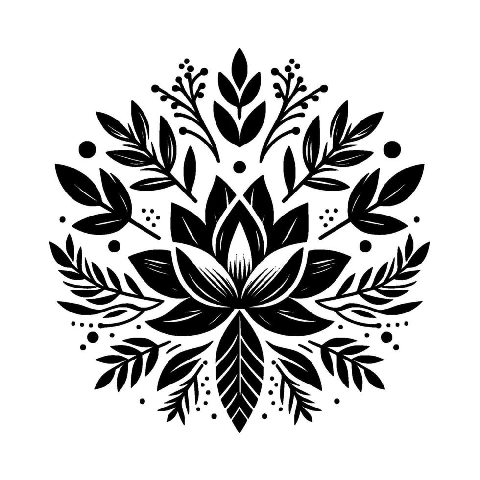 Intricate Black and White Floral Mandala with Lotus Flower, Leafy Elements, and Minimalist Aesthetic on White Backdrop vector