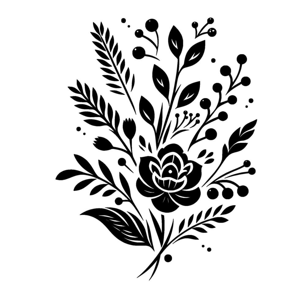 Elegant Black and White Floral featuring Rose, Berries, Leaves, and Botanical Elements, Isolated on White. vector