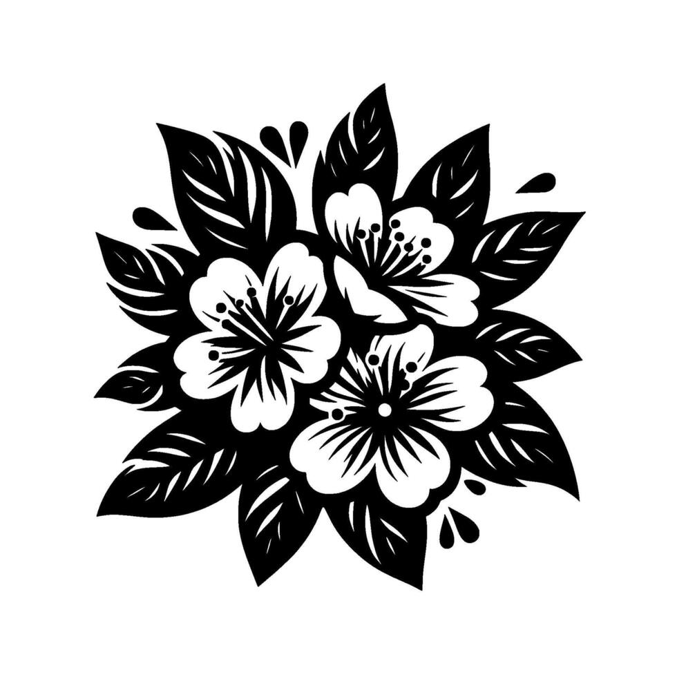 Stylized Black and White Floral Arrangement Featuring Blossom Bloom and Leafy Surround, Symmetric . vector
