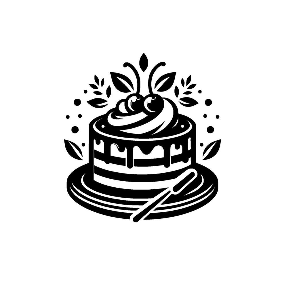 Elegant Monochrome Cake Illustration Layered Cake with Cherries and Leaves, Dessert Plate with Spoon. vector