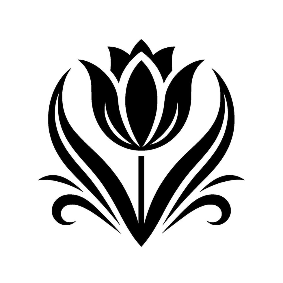 Bold Black and White Floral Emblem A symmetrical tulip with stylized petals, leaves, and flourishes on a pristine white backdrop. vector