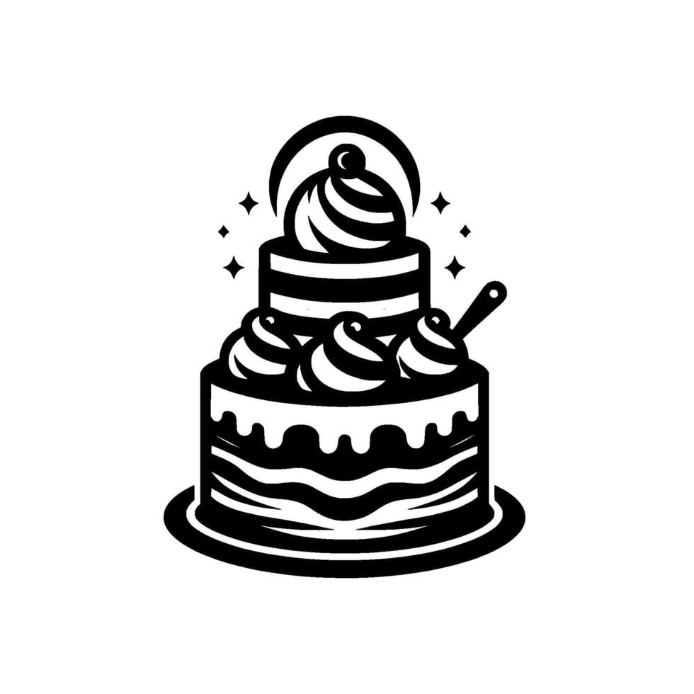 A monochrome threetiered cake with striped layers, whipped cream frosting, a crescent moon, and sparkles ready for a celebration. vector