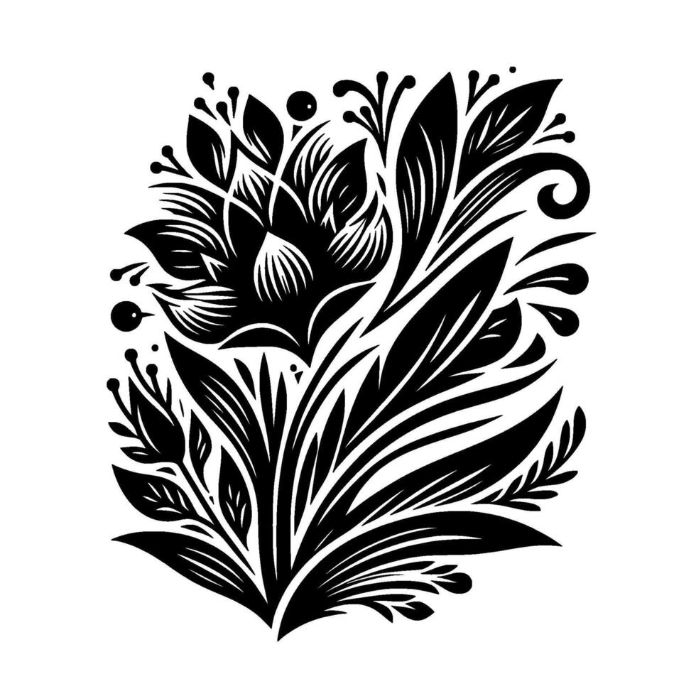 Intricate Black and White Floral Illustration A stylized botanical featuring a central flower, lush foliage, and delicate decorative elements on a clean white background. vector