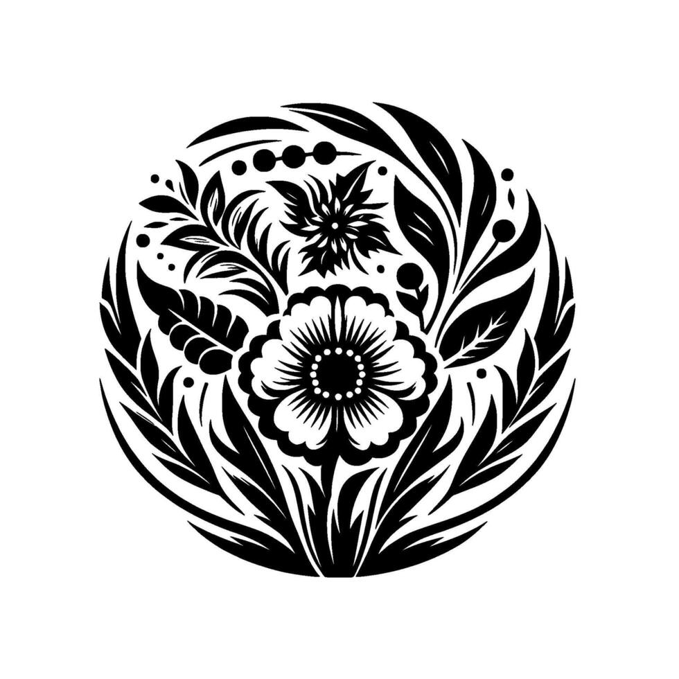 Intricate black and white floral mandala , featuring central flower with surrounding leaves and floral accents, creating a symmetrical, ornamental artwork. vector