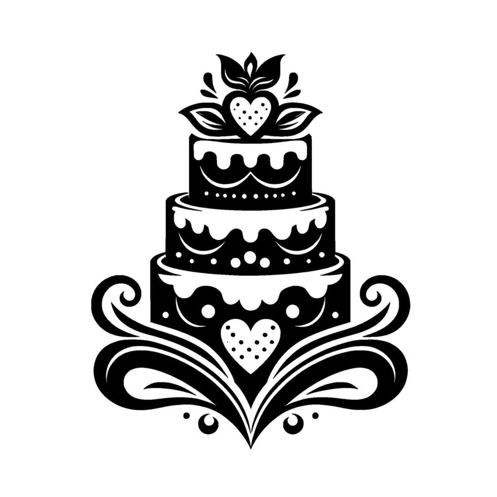 Elegant threetiered wedding cake with heart and floral embellishments in a simple, blackandwhite, minimalist style. vector
