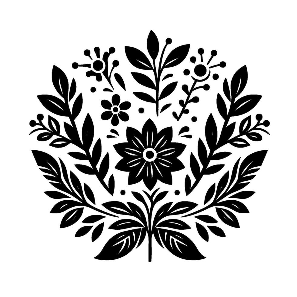Symmetrical Floral Arrangement in Black White Stylized Flowers, Leaves, Berries, and Botanical Elements for Decorative Patterns. vector