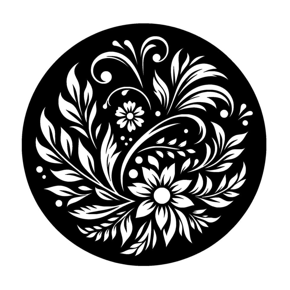 Intricate floral in a black circle, featuring white stylized leaves, flowers, and swirling patterns, creating a harmonious composition. vector