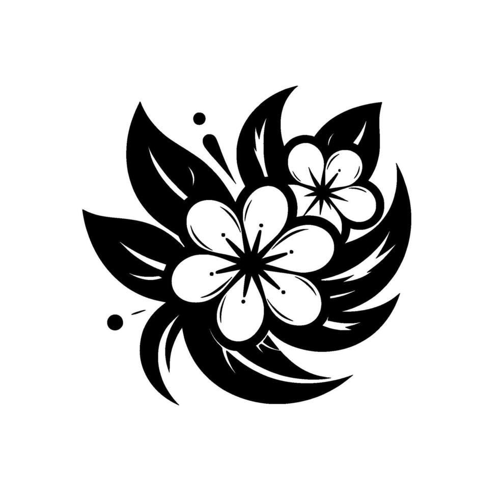 Elegant Black and White Floral Composition Featuring Two Cherry Blossoms Surrounded by Leaves, Dots, and Curved Lines on a White Background. vector