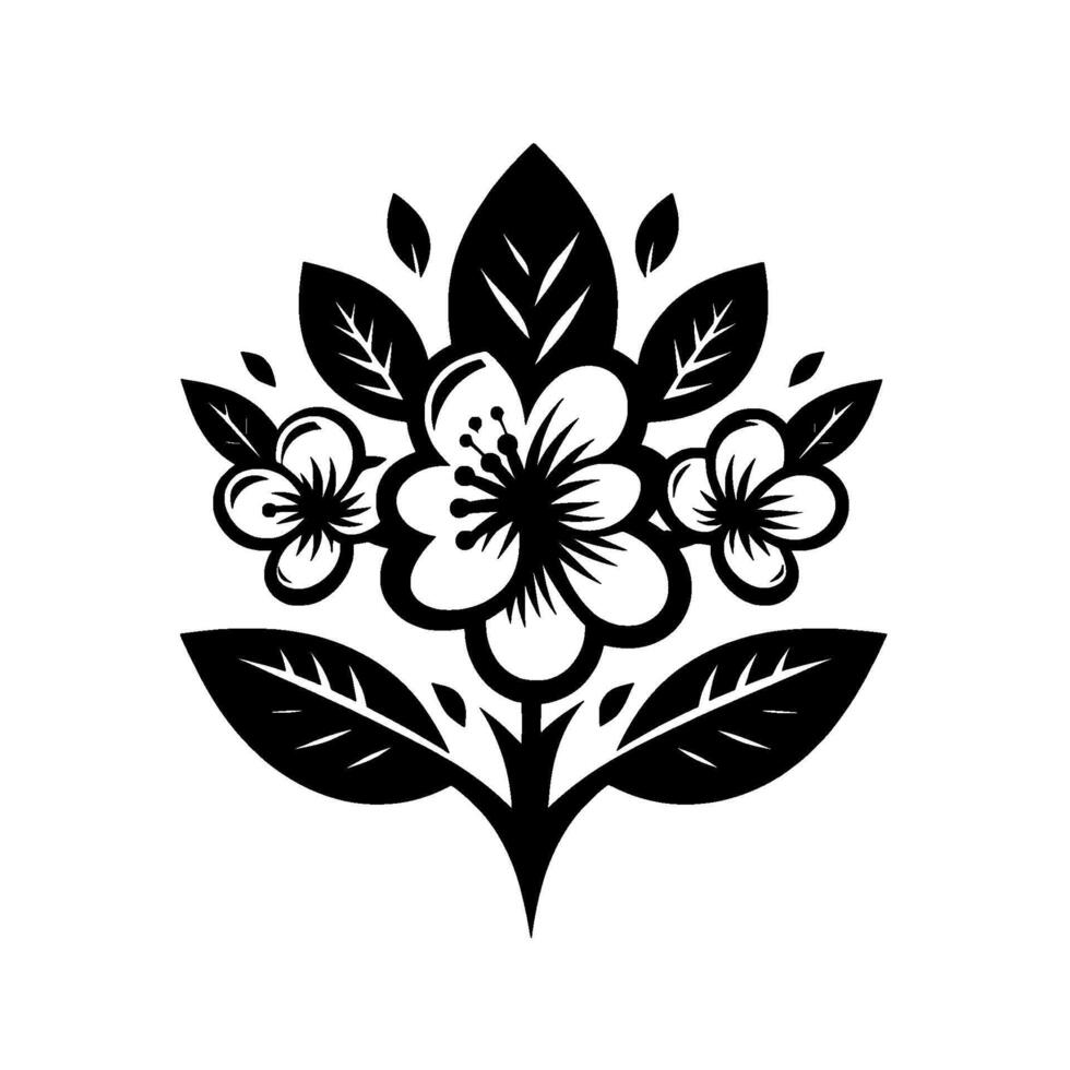 Bold Black and White Floral Motif A stylized symmetrical featuring three blooming flowers, with leaves and smaller floral elements. vector
