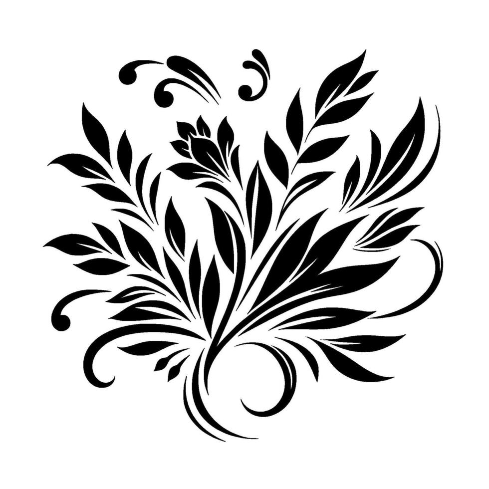 Elegant Black and White Floral Flourish , Illustrating a Stylized Bloom with Leafy Elements and Swirls, on a Clean White Backdrop. vector