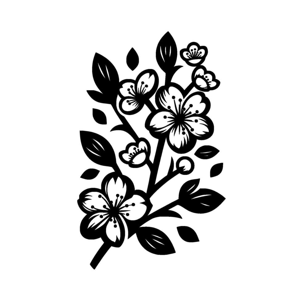 Intricate black and white illustration of a flowering cherry blossom branch, showcasing delicate petals and leaves against a clean white background. vector