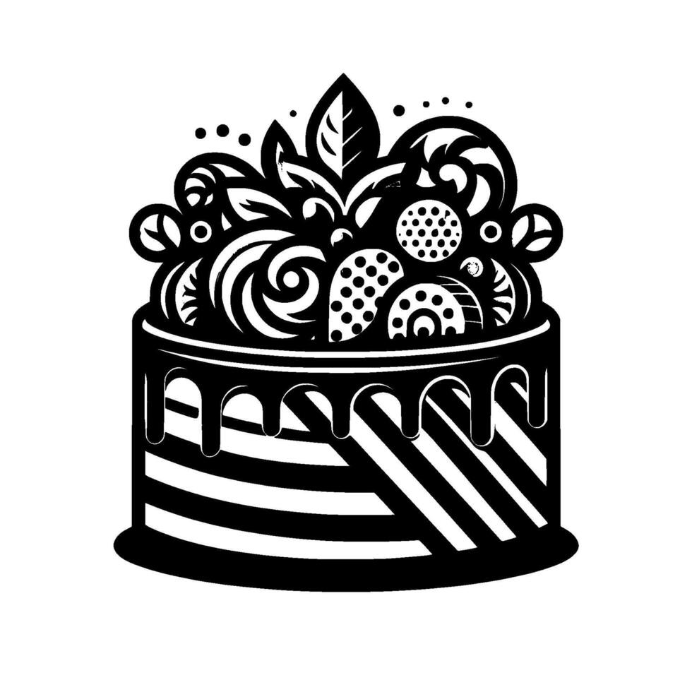 Monochromatic Illustration of a Tiered Cake with Ornate Black and White Decorations including Swirls, Leaves, and Drizzled Icing. vector
