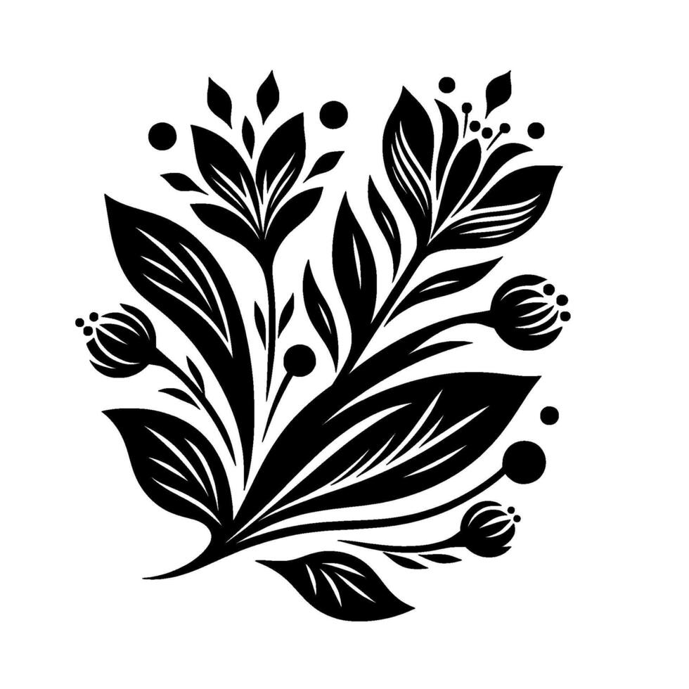 Elegant monochrome floral bouquet illustration with stylized leaves, blossoms, and dotted accents on a white background. vector