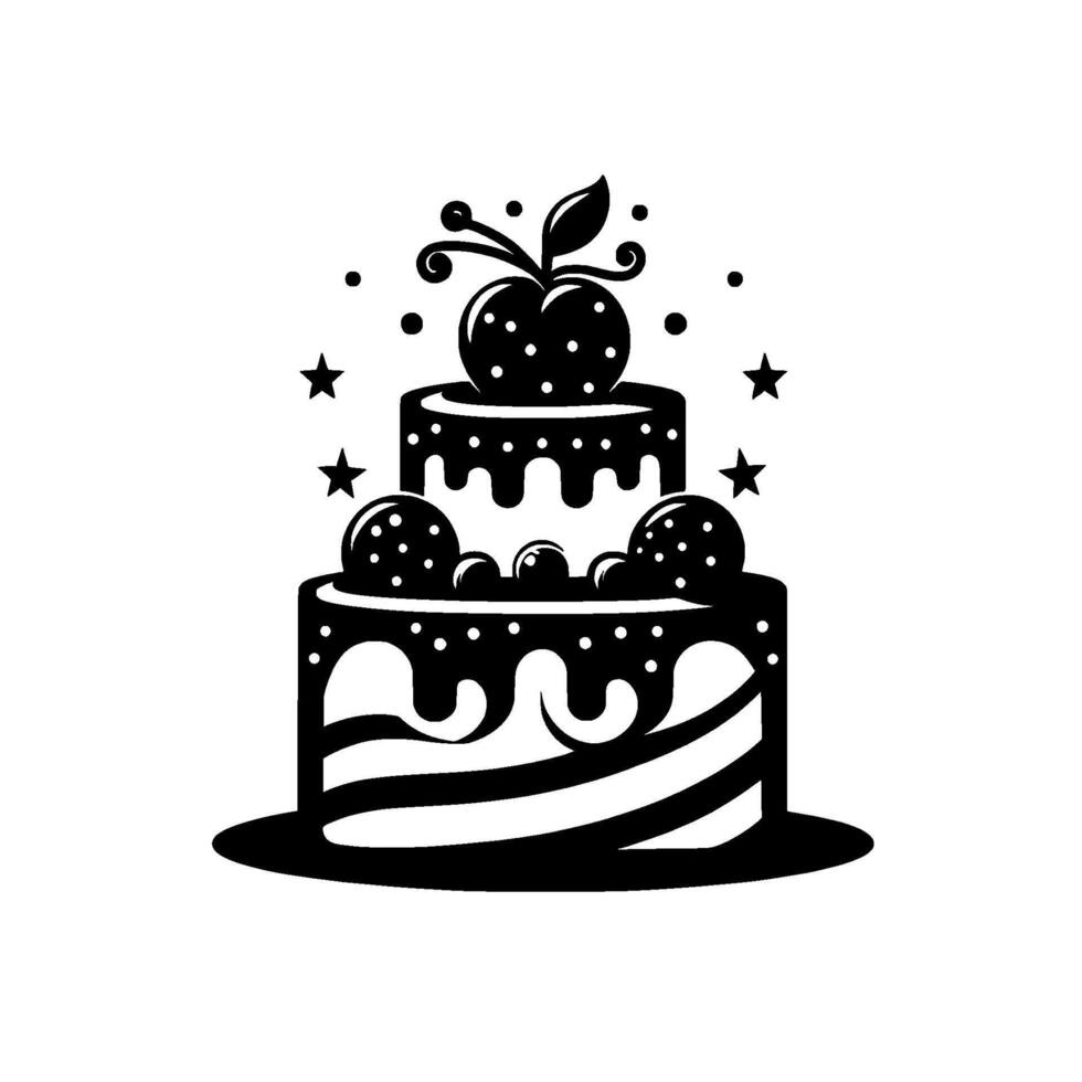 Black and White Illustrative Cake TwoTiered Delight Decorated with Dots, Stripes, Ornaments and Cherry Topper for Celebrations. vector