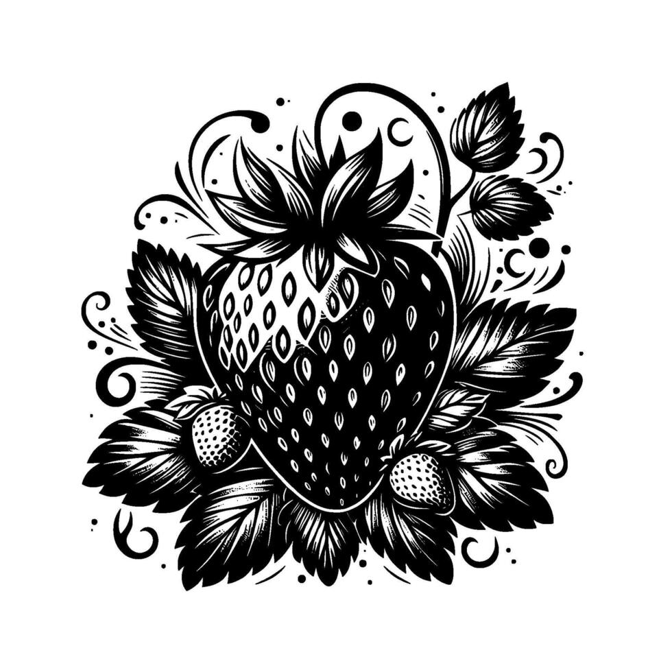 Detailed black and white illustration of a lush strawberry with leaves, vines, and small berries, designed in a decorative, ornate, and elegant style. vector
