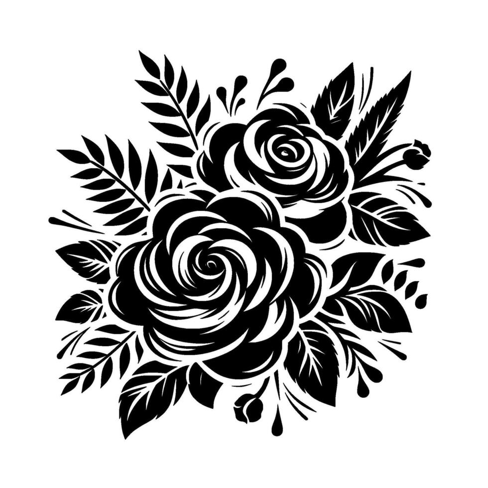 Elegant Black and White Floral Arrangement Stylized Roses and Foliage on a Crisp White Background vector