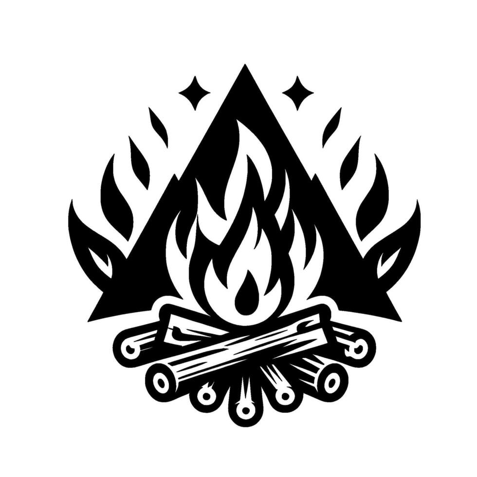 Monochromatic campfire illustration featuring stylized flames, stacked logs, surrounding mountain silhouette, leaf accents, and star elements. vector