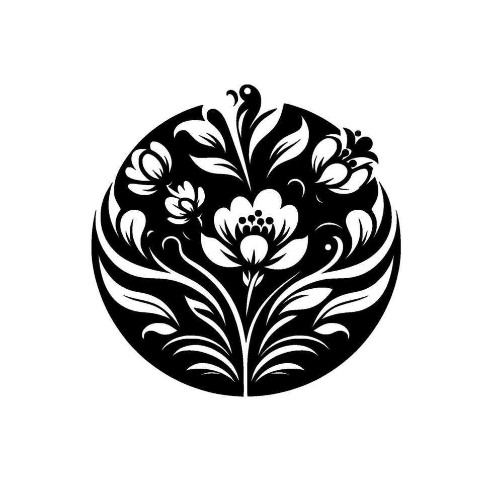 Intricate Black and White Floral Illustration in a Circular Composition, Featuring Detailed Blooms, Leaves, and Ornate . vector