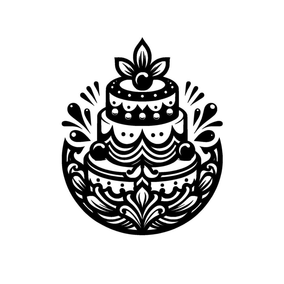 Elegant black and white threetiered cake with ornate scrollwork, berrytopped, in a circular frame, on a white background. vector