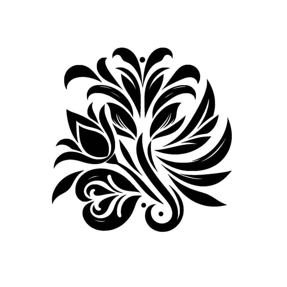 A symmetrical, highcontrast black and white floral featuring stylized leaves, petals, and curves, forming an elegant ornamental pattern. vector