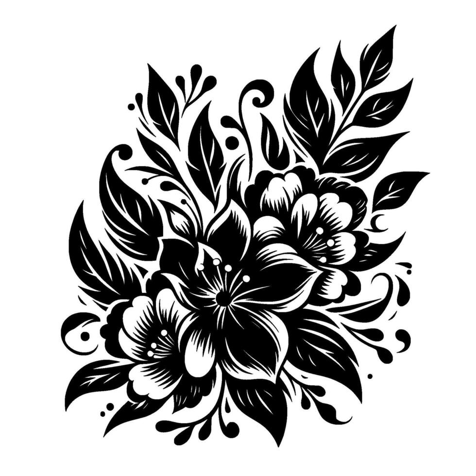 Intricate Black and White Floral Arrangement with Detailed Leaves and Spirals, Isolated on White, Artistic, Bold vector