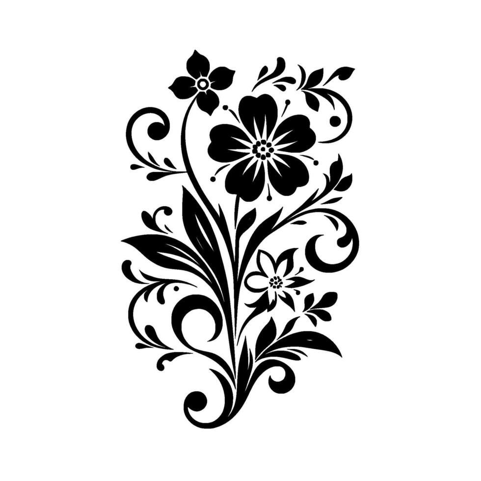Elegant Black and White Floral , Featuring Blossoms, Leaves, and Ornate Swirls, Isolated on a Clean White Background. vector