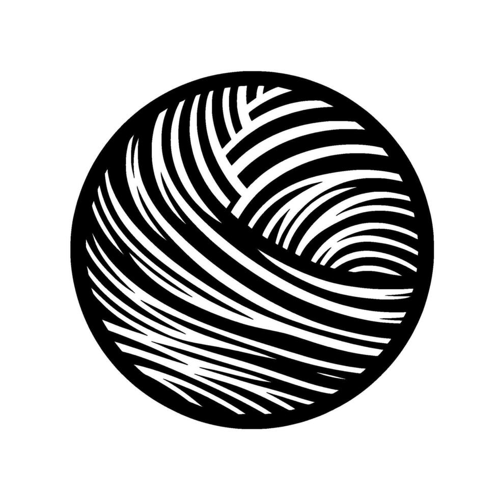 Black and White Circular Illustration Depicting a Ball of Yarn with Intricate, Curved Line vector