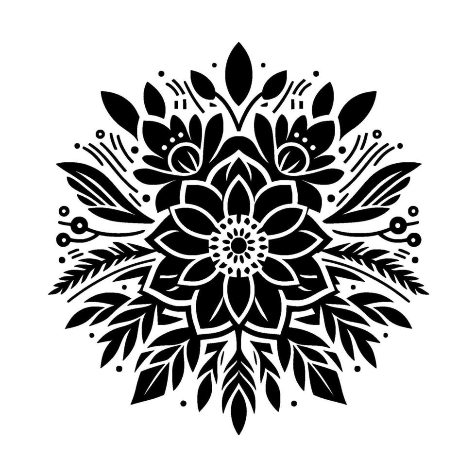 Symmetrical Black and White Floral Mandala, Detailed Nature Pattern on White Backdrop, Delicate Leaf Petal . vector