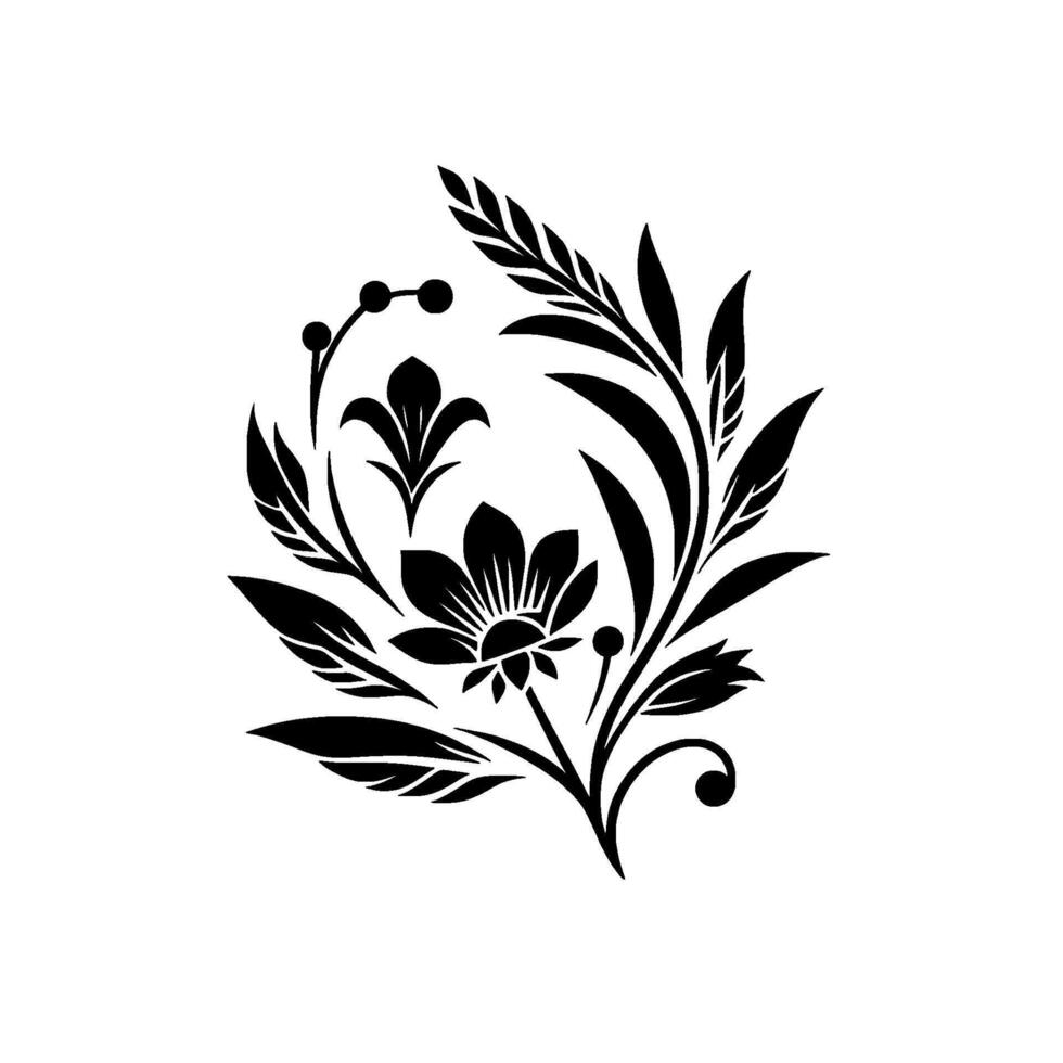Elegant Black and White Floral Crest A symmetrical composition of flowers and foliage with intricate details. vector
