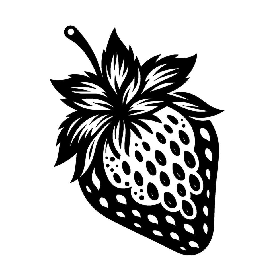 Stylized Black and White Illustration of a Lush Strawberry, with Detailed Leaves and Seeds Against White Background. vector