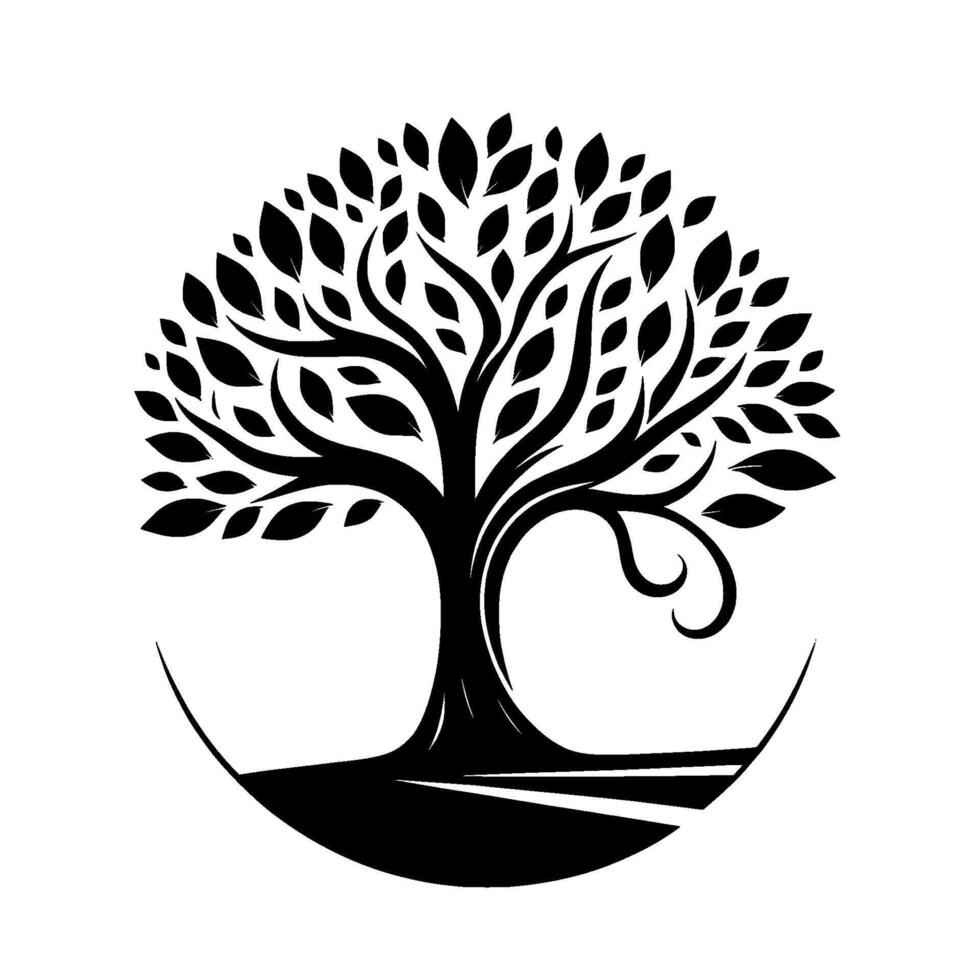 Elegant Black Silhouette of a Leafy Tree Within a Circular Frame, Representing Natures Harmony Growth, with a white background. vector