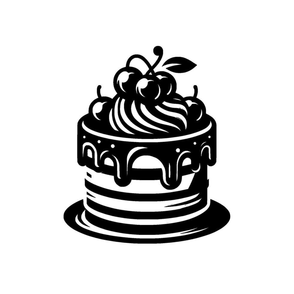 Elegant, Minimalist Black White Cake Illustration with Cherry Topping, Featuring Dripping Chocolate and Stripped Base , Isolated on White. vector