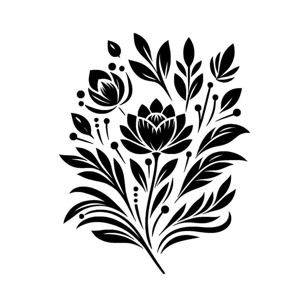 Intricate Black and White Floral Composition Featuring Lotus Flowers, Leaves, and Delicate Embellishments on a White Background. vector