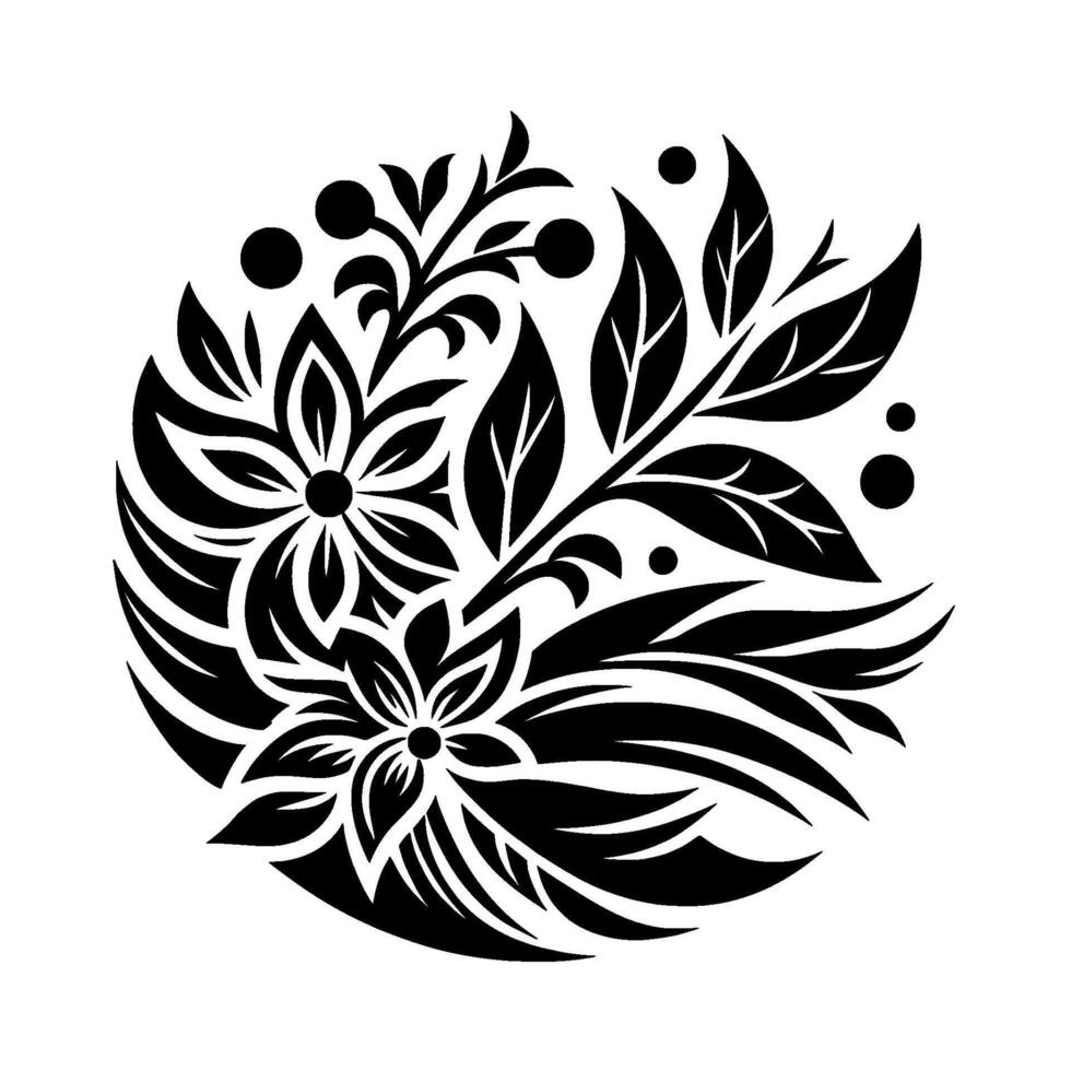 Intricate black and white floral and foliage circular featuring stylized flowers, leaves, and berries, evoking elegance and nature. vector